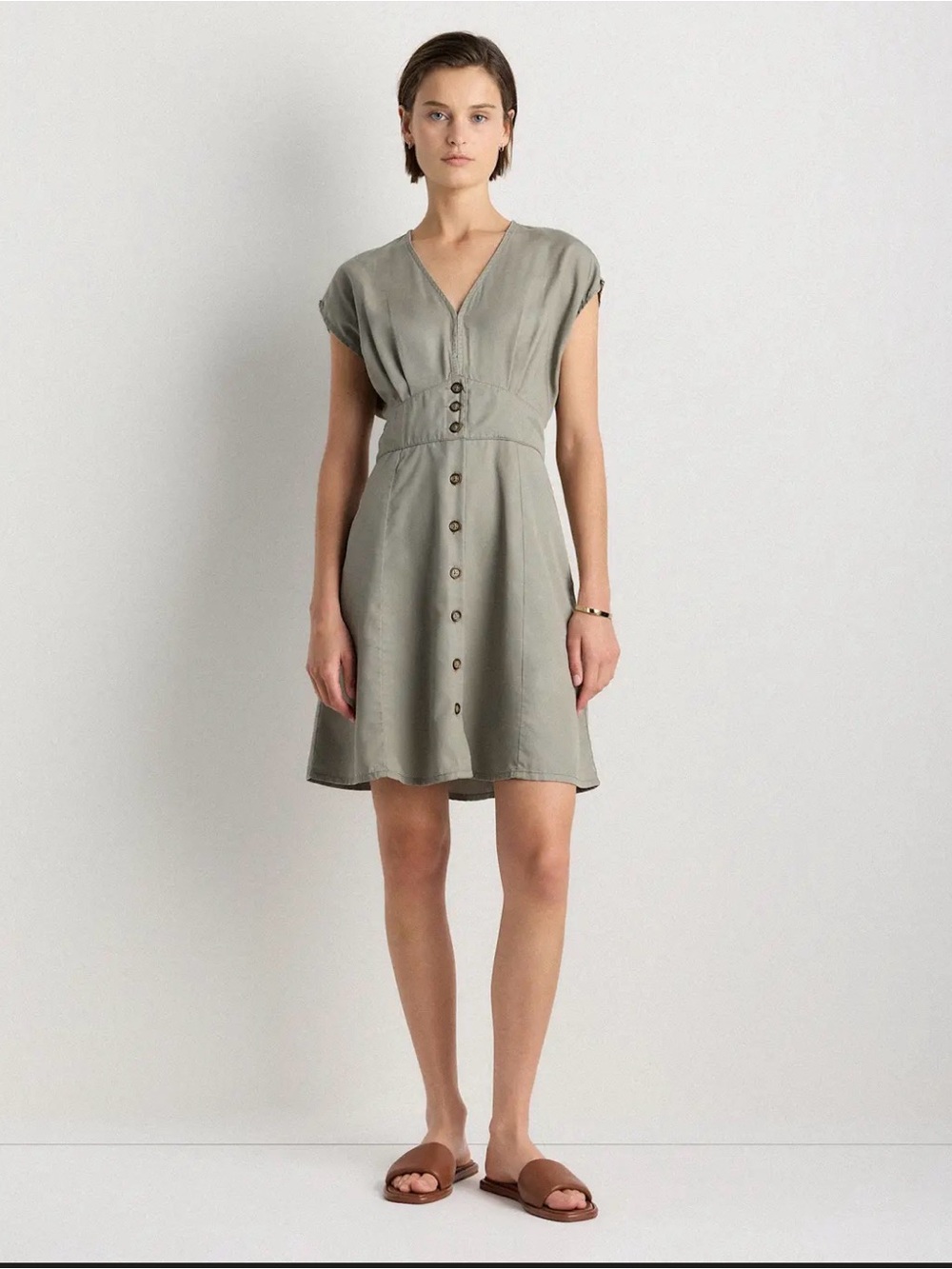 Quince Perfect Vintage Wash Summer Button-Front V-Neck Mini Dress in Olive
